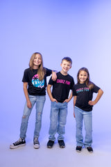 Three kids wearing CHooZ FUN graphic tees standing against a blue-to-purple gradient backdrop
