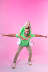 Two people in bright green CHooZ FUN tees, stacked playfully against a pink background. Unisex neon graphic t-shirts for bold, fun style.
