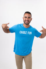 Man smiling in neon blue CHooZ FUN shirt on white background