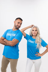 Couple rocking the Neon Blue FUN Mark Tee with crossed arms and confidence. Big tee energy—activated.
