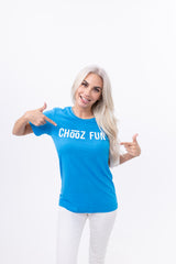 Woman in neon blue CHooZ FUN tee, posing confidently having FUN