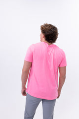 Back view of men’s Fun Mark tee in neon pink. Soft fit, bold color—made for turning heads from all angles.